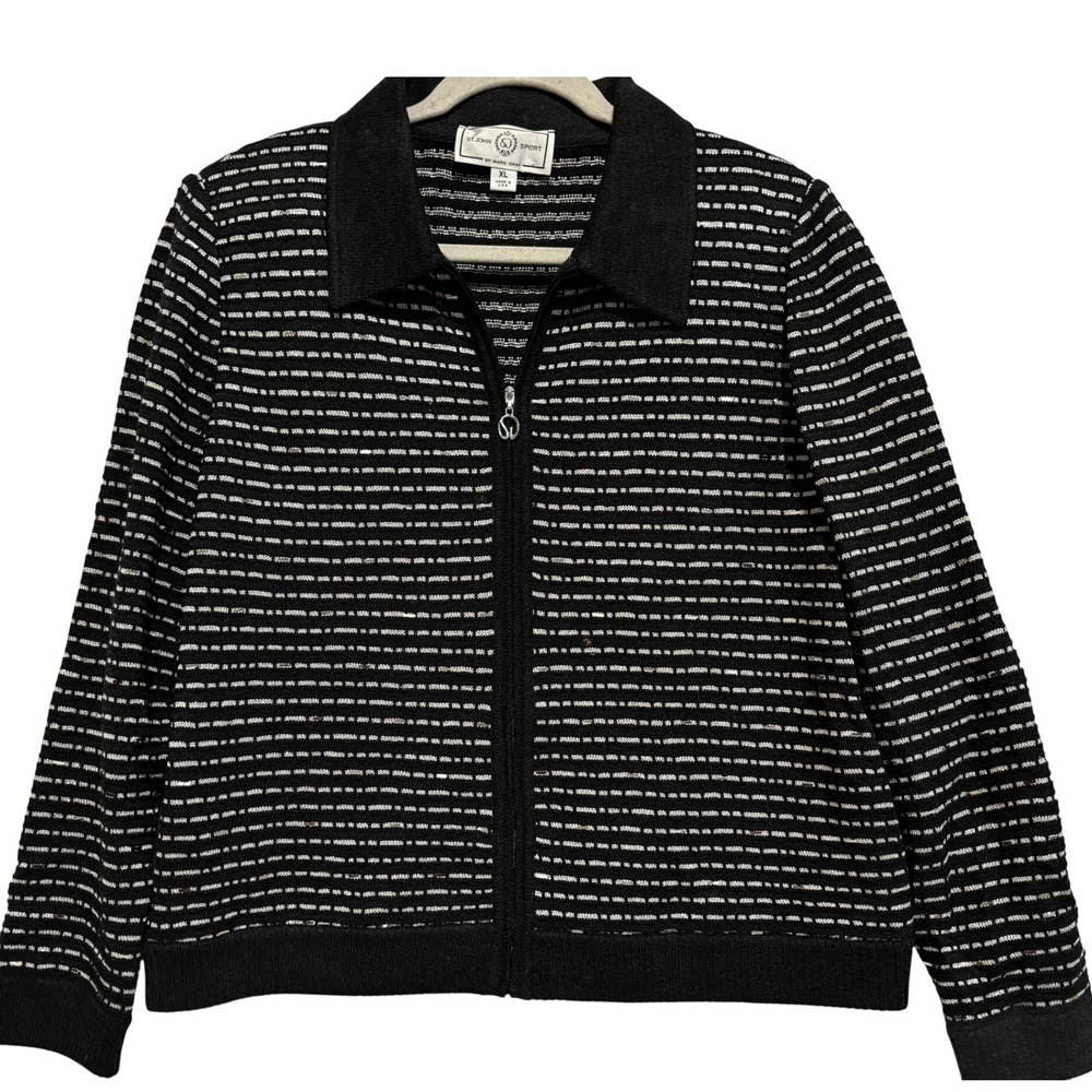 St. John Black and White Striped Zip Front Knit Cardigan